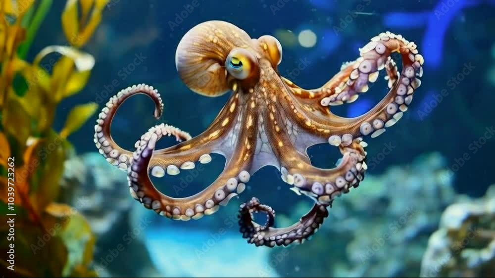 Octopus crawls on the glass of the aquarium Octopus crawls on the glass of the aquarium