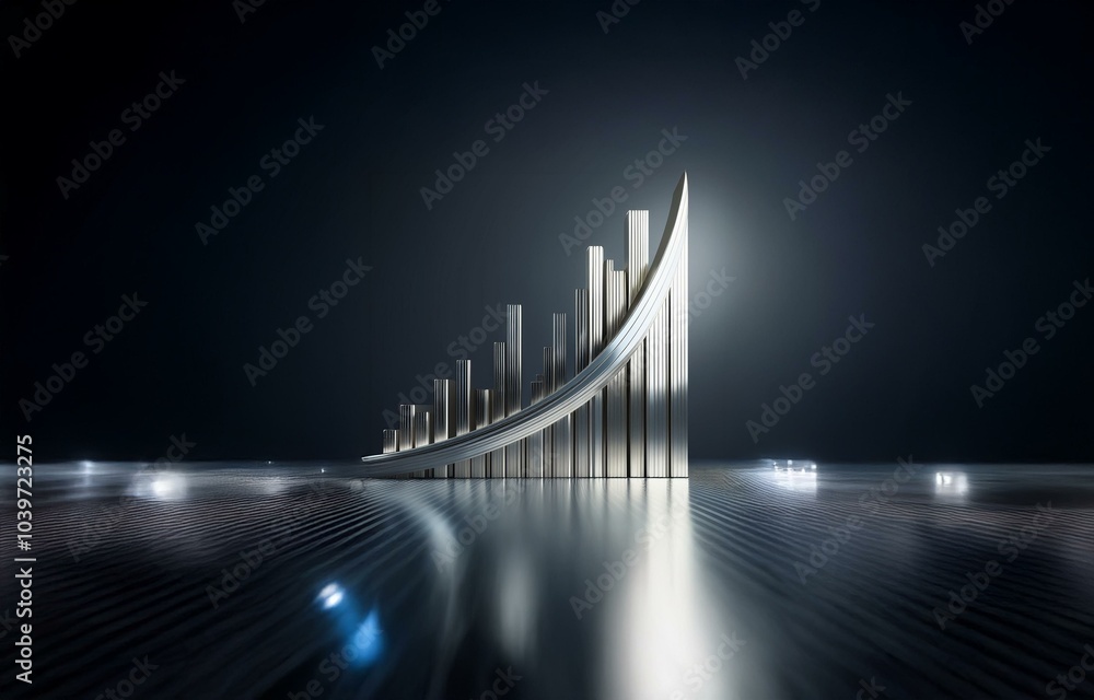 Naklejka premium A metallic silver bar chart, resembling a rising graph, is positioned on a reflective, dark surface.