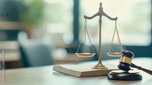 Justice Scales and Gavel: A close-up shot of a judge's gavel and scales of justice resting on a law book, symbolizing legal proceedings, fairness, and the pursuit of justice.