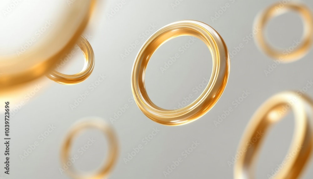 abstract 3D circle shape tubes in golden gradient color on a light gray background. 
