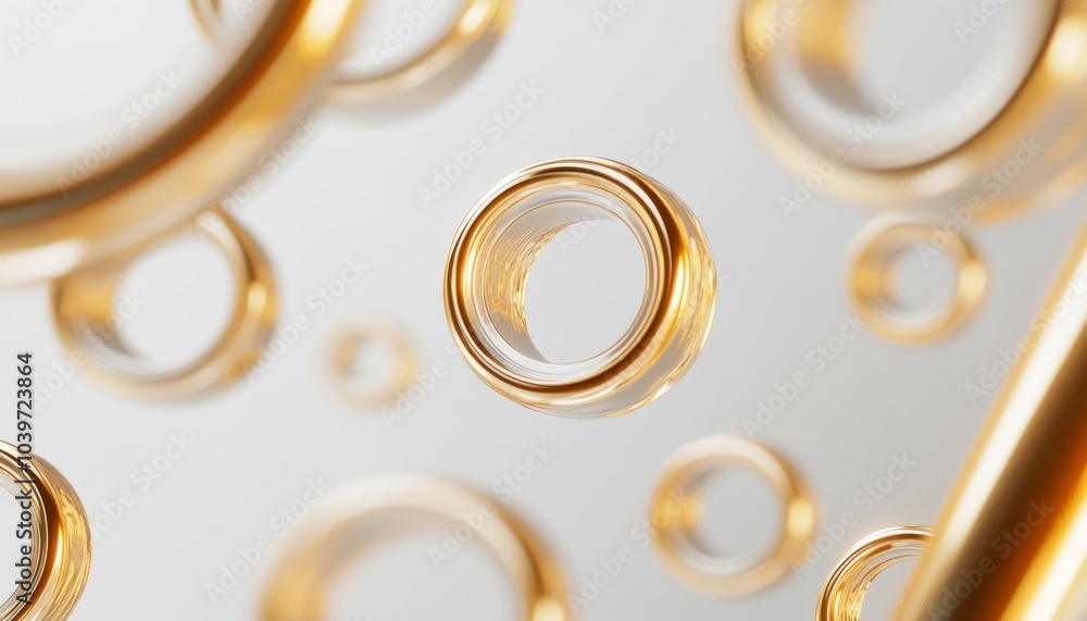 abstract 3D circle shape tubes in golden gradient color on a light gray background. abstract 3D circle shape tubes in golden gradient color on a light gray background.