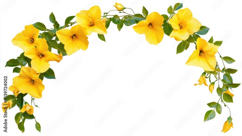 Yellow flowers arranged in a semi-circle with green leaves, framing a blank white space for a fresh and vibrant design Yellow flowers arranged in a semi-circle with green leaves, framing a blank white space for a fresh and vibrant design