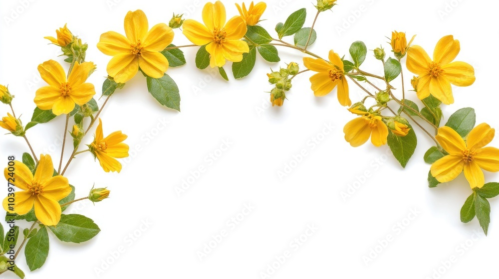 Yellow flowers with green leaves in a semi-circle pattern on a white background, forming a natural floral frame Yellow flowers with green leaves in a semi-circle pattern on a white background, forming a natural floral frame