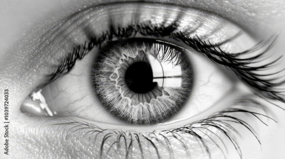 Obraz premium A tight shot of an eye, its iris mirroring a building's architecture