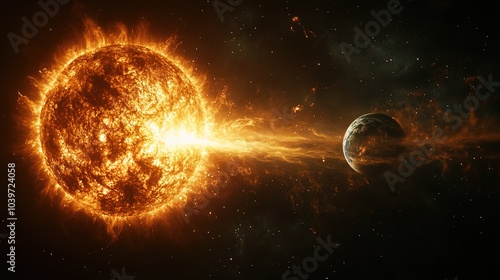 Fototapeta Naklejka Na Ścianę i Meble -  Powerful magnetic storm from solar flares on the surface of the Sun, directed at the Earth's surface. Powerful bursts of energy on the surface of the Sun.