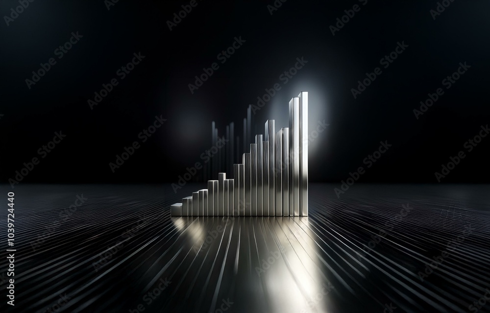 Naklejka premium A silver 3D bar graph ascends upward against a dark background.