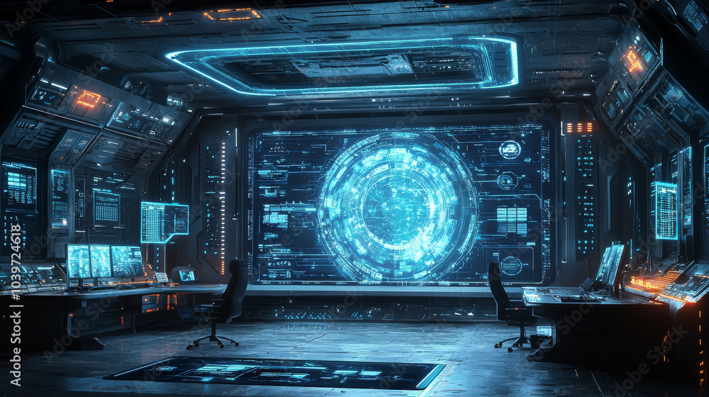 Obraz premium Future sci-fi scene supercomputer control center