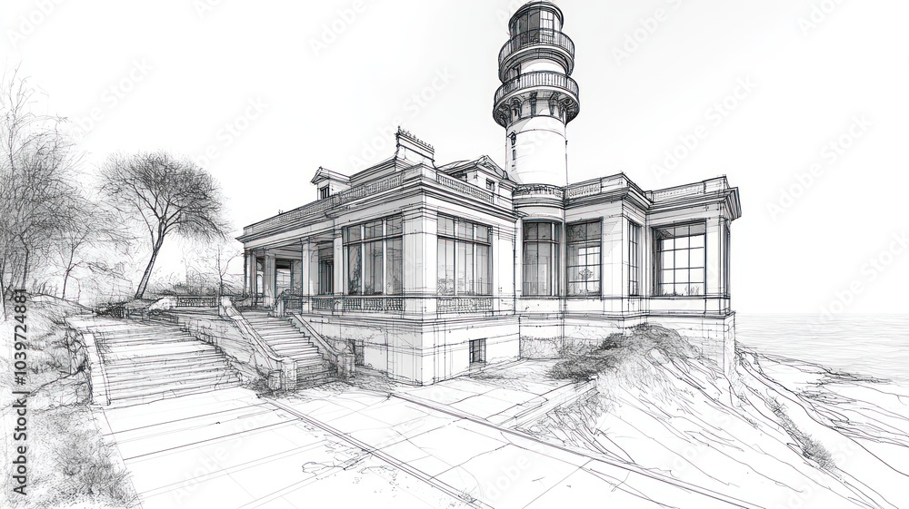 Fototapeta premium A sketched lighthouse building near the shore.