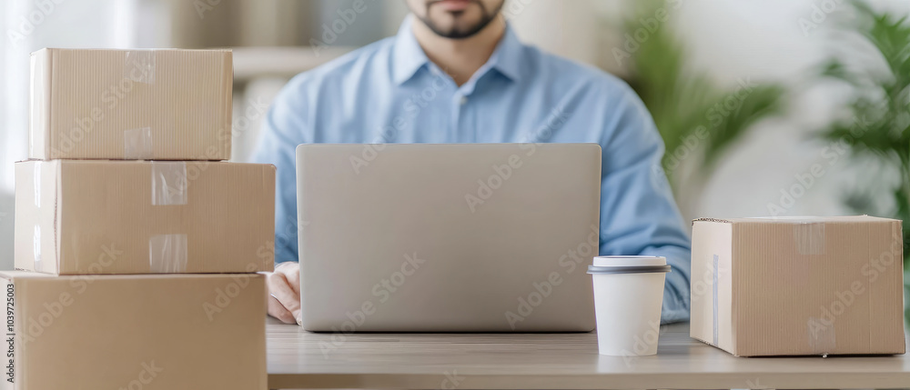 Man in blue shirt focused on laptop, coffee cup nearby, surrounded by stacked cardboard boxes, engaged in productive work environment. Man in blue shirt focused on laptop, coffee cup nearby, surrounded by stacked cardboard boxes, engaged in productive work environment.