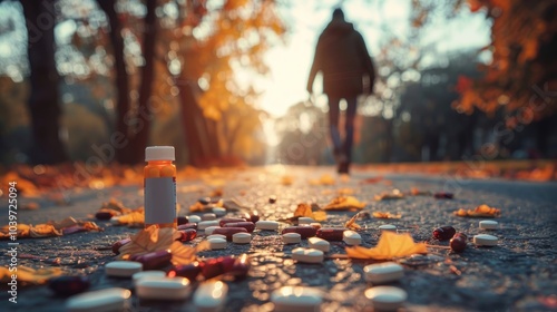 A conceptual image depicting the journey of overcoming drug and opioid addiction, symbolizing the struggle and success of becoming free from the grip of prescription pills and substance abuse. photo