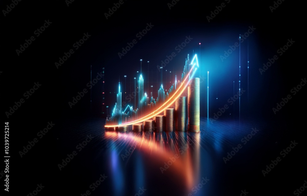 Obraz premium A glowing graph line with stacked gold coins in front of a dark blue background with a reflection.