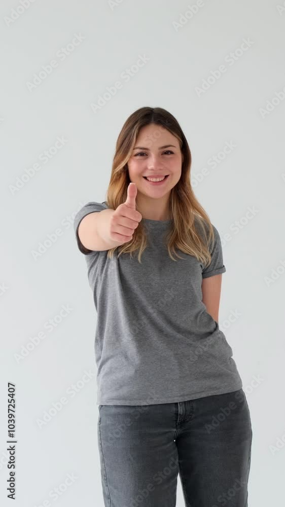 Friendly young adult Caucasian woman showing thumbs up gesture in support or satisfaction, standing on white background. Vertical video. Friendly young adult Caucasian woman showing thumbs up gesture in support or satisfaction, standing on white background. Vertical video.