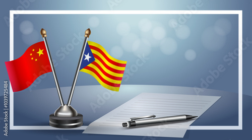 China and Catalonia Small national flag on bokeh background, cooperative relationship