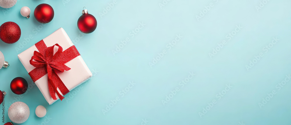 Festive Ornaments and Gifts on Blue Background, Celebrating Christmas and New Year with Cheerful Holiday Decor Festive Ornaments and Gifts on Blue Background, Celebrating Christmas and New Year with Cheerful Holiday Decor