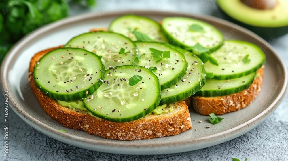 A plate of healthy avocado toast with sliced cucumbers showcasing a simple and clean food composition This plant based nutrition focused dish presents a fresh and appetizing meal or snack option A plate of healthy avocado toast with sliced cucumbers showcasing a simple and clean food composition This plant based nutrition focused dish presents a fresh and appetizing meal or snack option