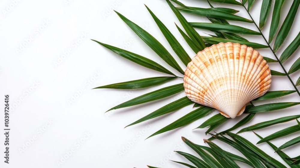 A seashell and green palm leaves on a white background. A seashell and green palm leaves on a white background.