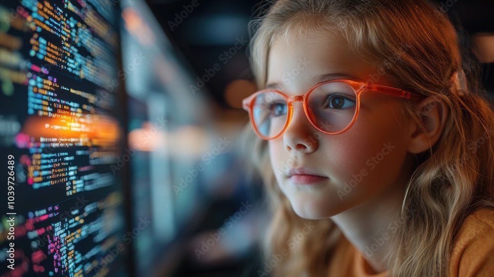 A focused child with glasses studying programming code on a screen. A focused child with glasses studying programming code on a screen.