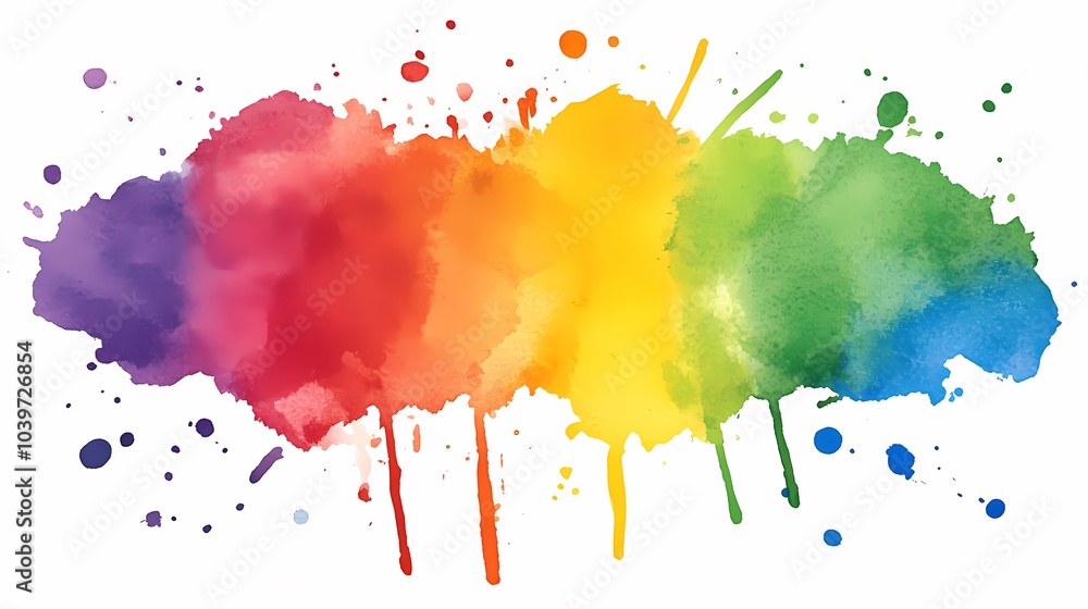 Fototapeta premium Rainbow Watercolor Splashes and Drips on White Background