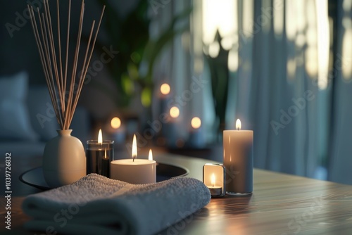 Burning candles and aromatic reed freshener on table in spa salon space for text