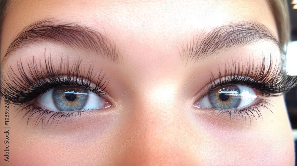 A tight shot of a woman's expressive blue eyes adorned with long and thick false lashes A tight shot of a woman's expressive blue eyes adorned with long and thick false lashes