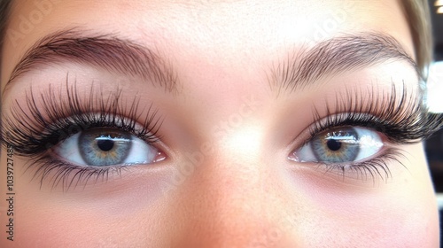  A tight shot of a woman's expressive blue eyes adorned with long and thick false lashes