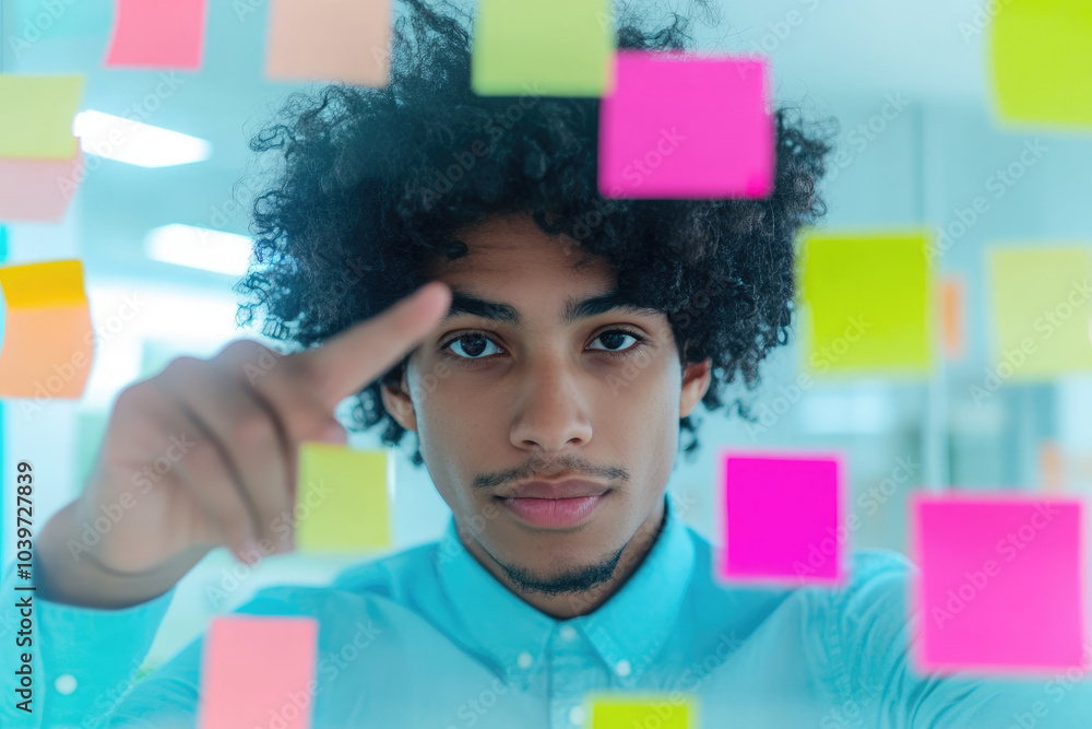 Dynamic brainstorming session, young man with curly hair engagingly pointing at colorful sticky notes, collaborative ideas flowing among professionals. Dynamic brainstorming session, young man with curly hair engagingly pointing at colorful sticky notes, collaborative ideas flowing among professionals.