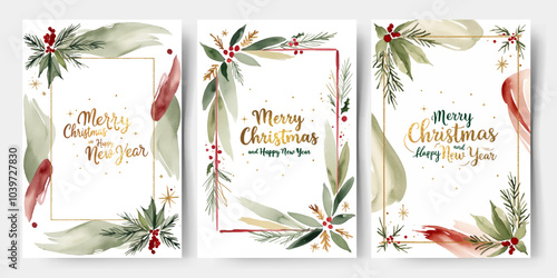 Set of watercolor frames with fir branches, berries and golden lettering. Christmas cards. Winter backgrounds