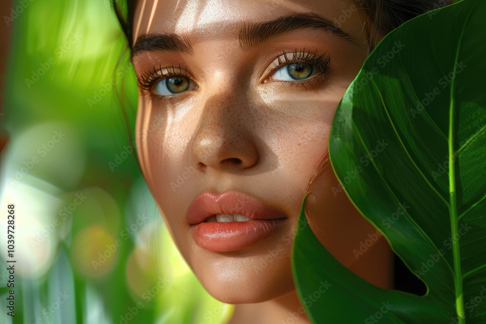 Luxury portrait of young woman with natural makeup and leaf. Spa wellness skincare. Luxury portrait of young woman with natural makeup and leaf. Spa wellness skincare.