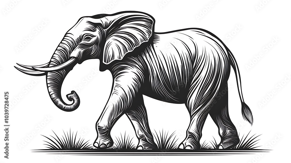 Fototapeta premium Elegant minimalist sketch of an elephant standing with its trunk slightly lifted, minimalist style on a white background, flowing linework capturing its grace and strength, hd quality, natural look,