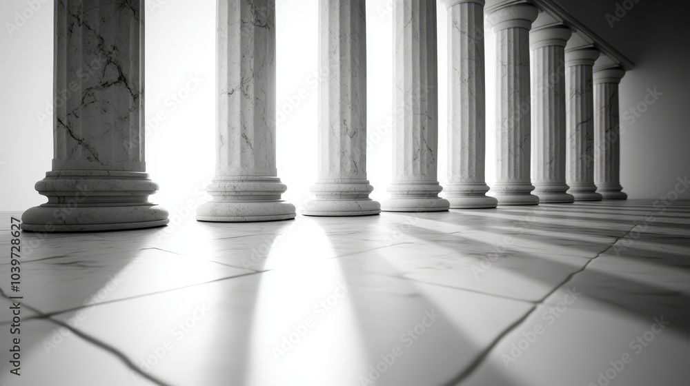 A row of pillars aligns next to one another atop a tiled floor, facing a pristine white wall A row of pillars aligns next to one another atop a tiled floor, facing a pristine white wall