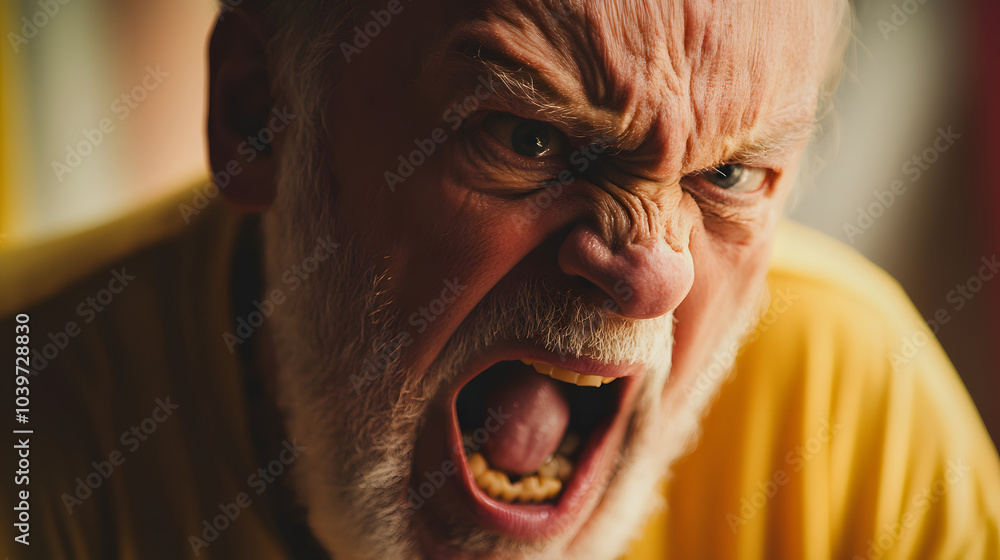 Close-up of an elderly man with a fierce expression, shouting intensely, his face illuminated by warm indoor lighting that highlights his raw emotion and frustration. Close-up of an elderly man with a fierce expression, shouting intensely, his face illuminated by warm indoor lighting that highlights his raw emotion and frustration.