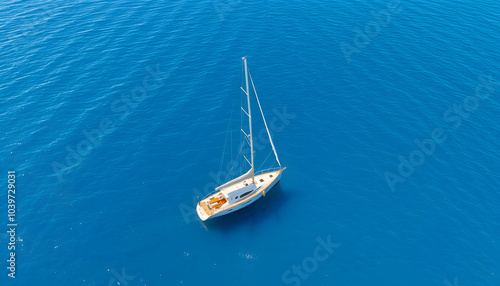 Aerial view of the small sailboat near the coast of Kefalonia island, Ionian sea, Greece. Private yacht boat in Ionian sea near the Greek coast at sunny day isolated with white highlights, png