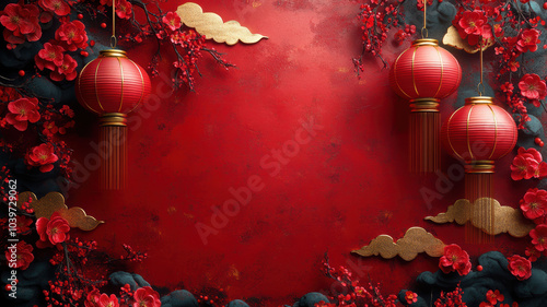 Chinese red lanterns with cherry blossoms and gold clouds on a red backdrop symbolizing festive celebration and tradition. photo