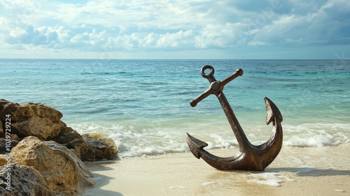 Rusty, old anchor resting on sandy beach near ocean's edge with rocks nearby and cloudy sky above