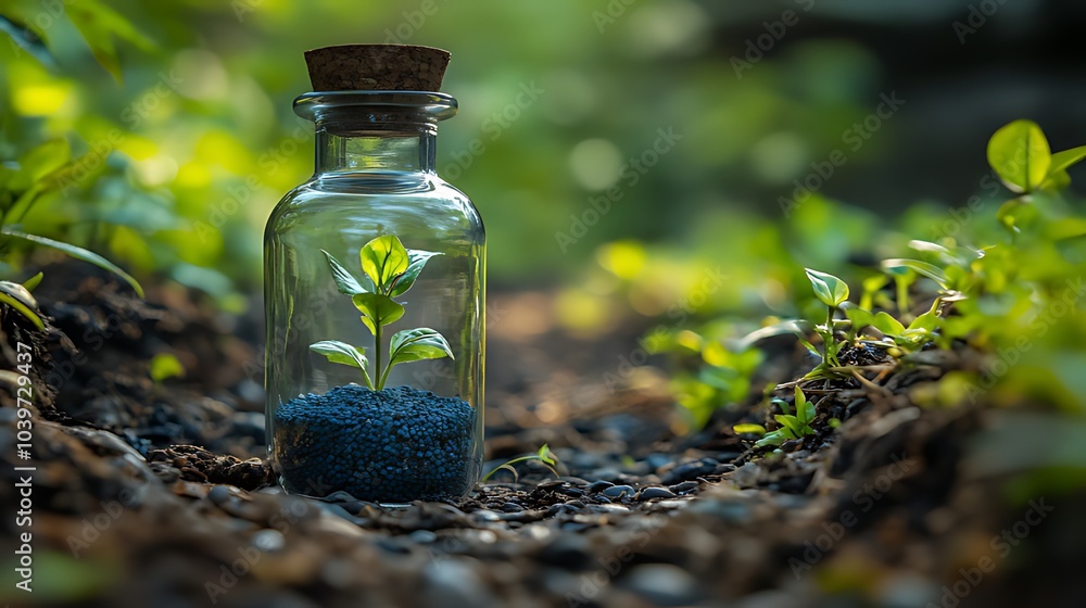 A small green plant growing in a glass bottle with a cork stopper, set in a bed of soil. A small green plant growing in a glass bottle with a cork stopper, set in a bed of soil.