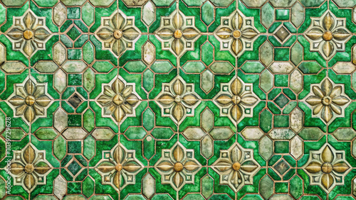 Abstract mesmerizing mosaic texture of green and white azulejos, adorned with intricate floral patterns and delicate details green marble background 