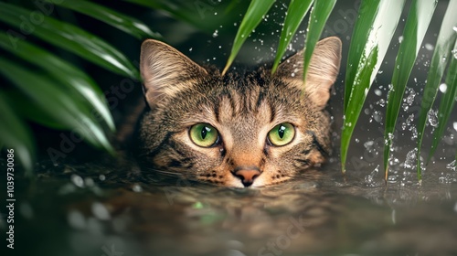 Wallpaper Mural  A tight shot of a cat nestled near a plant, its face dotted with water droplets Torontodigital.ca