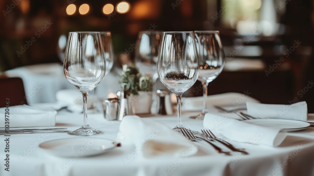 A table set for two with wine glasses, napkins, and silverware. A table set for two with wine glasses, napkins, and silverware.