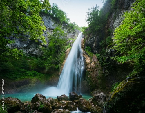 Una cascada desde gran altura, entre rocas y follaje verde, desembocando en un lago photo