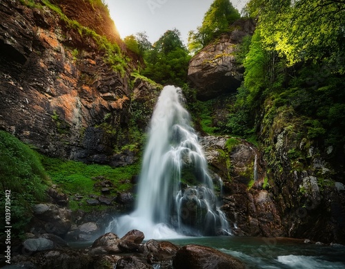 Una cascada desde gran altura, entre rocas y follaje verde, desembocando en un río photo