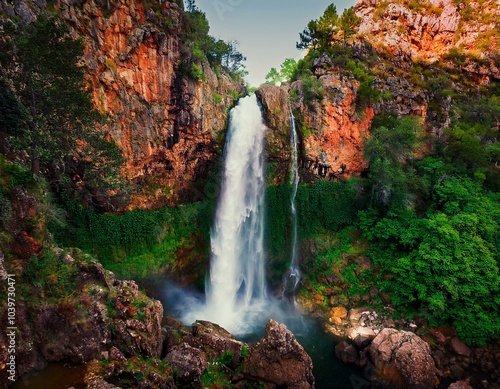 Una cascada desde gran altura, entre rocas y follaje verde, desembocando en un río photo