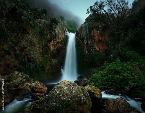 Una cascada desde gran altura, entre rocas y follaje verde, desembocando en un río photo