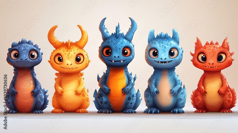 Five colorful, cartoon-like dragon figures with playful expressions. Five colorful, cartoon-like dragon figures with playful expressions.
