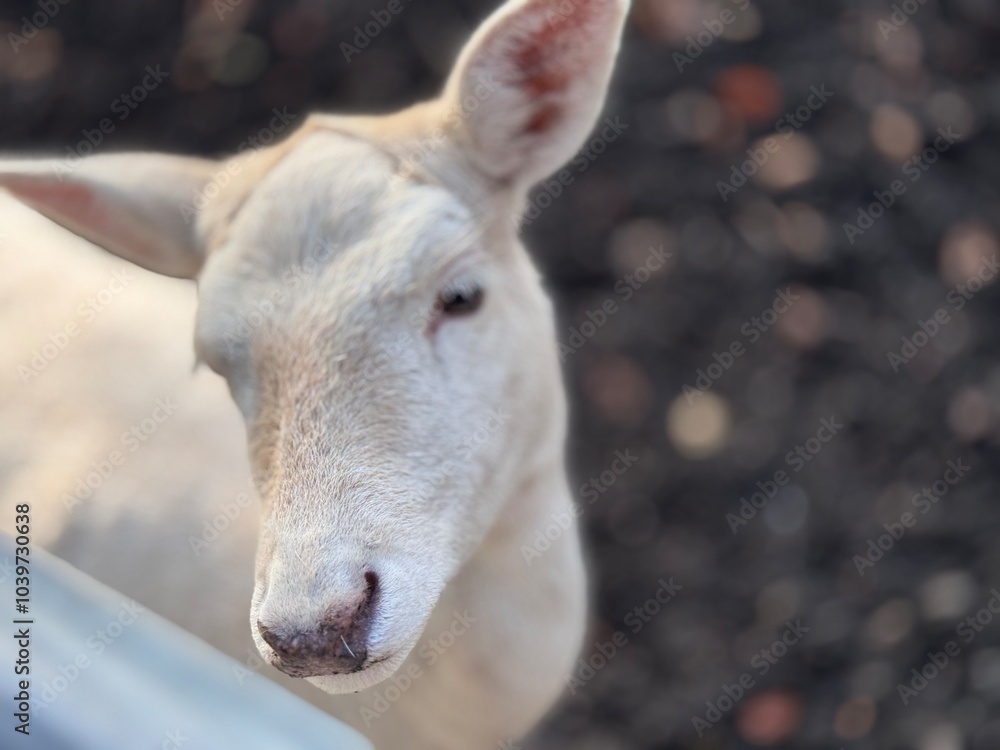 Obraz premium Close-up of a relaxed young white deer, resting in a natural environment, capturing the delicate features of the animal in a serene moment.