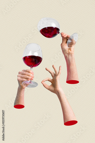 Composite trend artwork 3D sketch image photo collage of many hands show nonverbal gesture okay nice hold wine glass drink alcohol relax