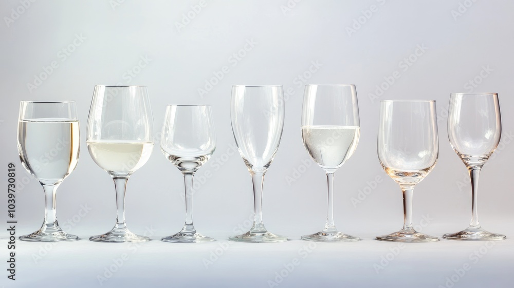 Various empty wine glasses arranged in row on white background Various empty wine glasses arranged in row on white background