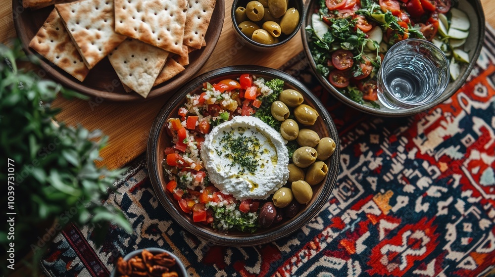 A table setting featuring a bowl of salad with feta cheese and olives, surrounded by crackers, a salad, a glass of water, and other snacks. A table setting featuring a bowl of salad with feta cheese and olives, surrounded by crackers, a salad, a glass of water, and other snacks.