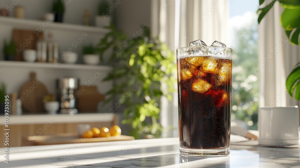 A tall glass of iced coffee with ice cubes on a countertop in a modern kitchen, with a blurred background of a coffee maker, a fruit bowl and a plant. A tall glass of iced coffee with ice cubes on a countertop in a modern kitchen, with a blurred background of a coffee maker, a fruit bowl and a plant.
