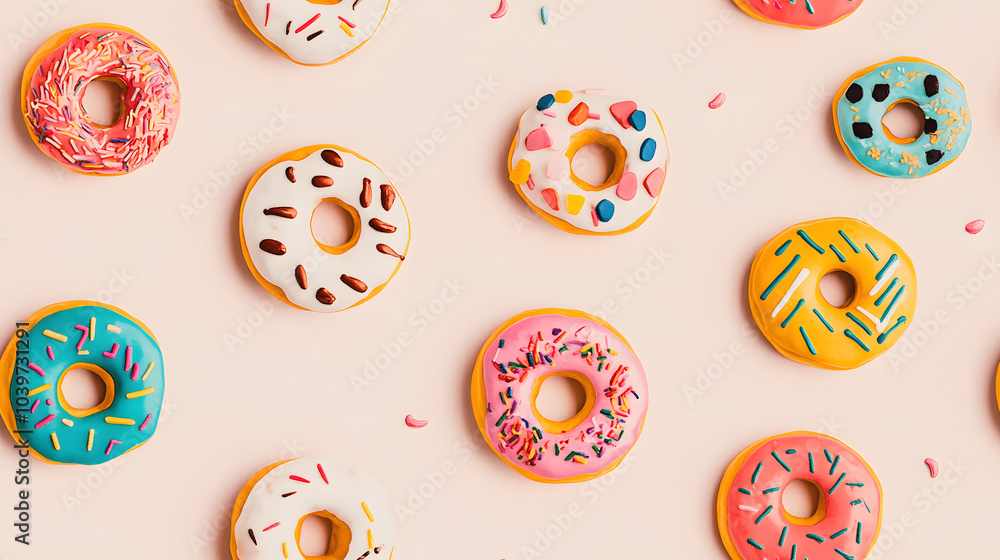 seamless pattern featuring vibrant donuts decorated with sprinkles and colorful toppings on a light background, perfect for playful designs and creative projects. seamless pattern featuring vibrant donuts decorated with sprinkles and colorful toppings on a light background, perfect for playful designs and creative projects.