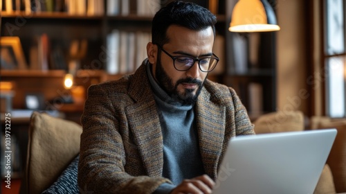 A Middle Eastern businessman wearing a Kandura, engrossed in his work on a laptop, highlighting his success and focus on entrepreneurship in a modern workspace